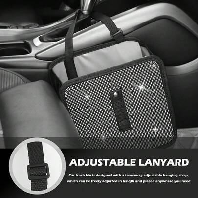 1pc Rhinestone Decor Foldable Car Trash Can, Multifunctional Hanging Backseat Storage Organizer & Decor, Suitable For Most Cars And Trucks