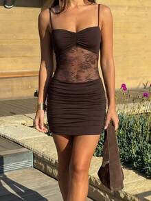 WOWDARK Summer Dress, Brown Sexy Lace Sheer Spaghetti Strap Bodycon Dress, Elegant Dress Suitable For Carnival, Dates, Gatherings, Parties, Travel, Vacation, Beach - Brown - View 9