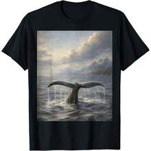 Whale Tail Rising From The Ocean Oil Painting T-Shirt - Black - View 1