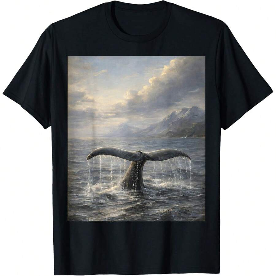 Whale Tail Rising From The Ocean Oil Painting T-Shirt - Black - View 1
