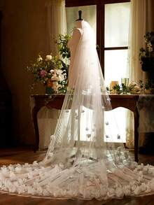 1pc 300cm 3D Floral Organza Bridal Veil, Cathedral Length Single Layer Long Train, Wedding Dress Accessory - Multicolor - View 3