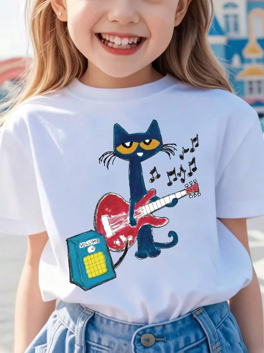 Pete Cat Guitar Print Girl's Summer Round Neck Casual T-Shirt For Children, Slightly Stretchy Fabric, Suitable For Birthday Gifts, Suitable For Daily Sports And Travel, Summer Girls' T-Shirt - trắng - Xem 1