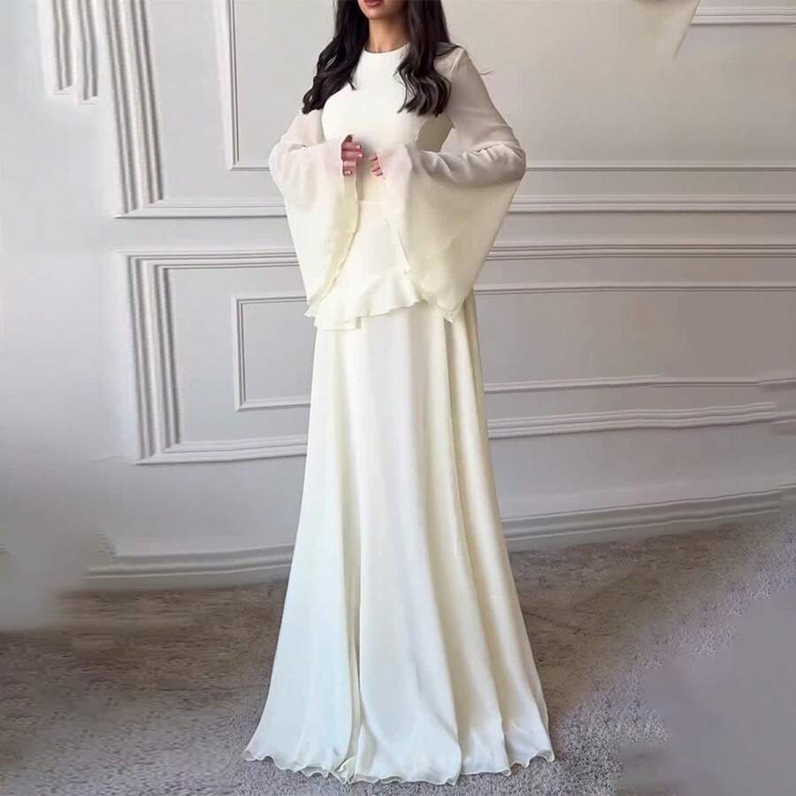 Spring And Autumn Women's Pure Sexy Solid Color Round Neck Slim Fit Long Sleeve Dress - trắng - Xem 1
