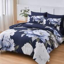 7 Piece Navy Blue Floral Comforter Set Full/Queen/King Size Bed In A Bag,Flowers Printed On Light Comforter Set With Sheets, Soft Microfiber Botanical Bedding Set For Wedding Items,Home Bed Room Decor,Easter Gifts,Mothers Day Gift,All Season - 海軍藍-1115 - 查看 6
