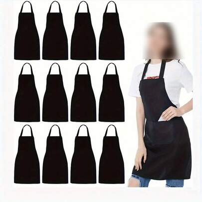 1/3/5/10 adet Kadın Polyester Önlük, Cepli, Kalınlaştırılmış Bel Detaylı, Minimalist Siyah, Şık Ev İşleri Mutfak Üniforması, Mutfak Malzemeleri