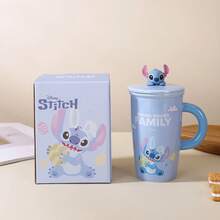 Disney 1个史迪奇陶瓷马克杯，带防尘盖，大容量，卡通可爱情侣礼物，办公室适用 - 彩色 - 查看 1