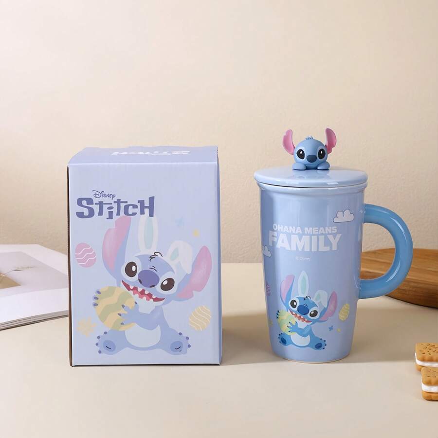 Disney 1个史迪奇陶瓷马克杯，带防尘盖，大容量，卡通可爱情侣礼物，办公室适用 - 彩色 - 查看 1