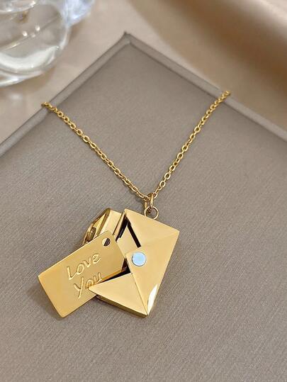 1Pc Sparkling Gold Envelope Pendant Necklace - The Envelope Opens, Features A Simple Design, Suitable For Everyday Casual Wear, Unisex, Valentine's Day Gift, Stainless Steel Necklace