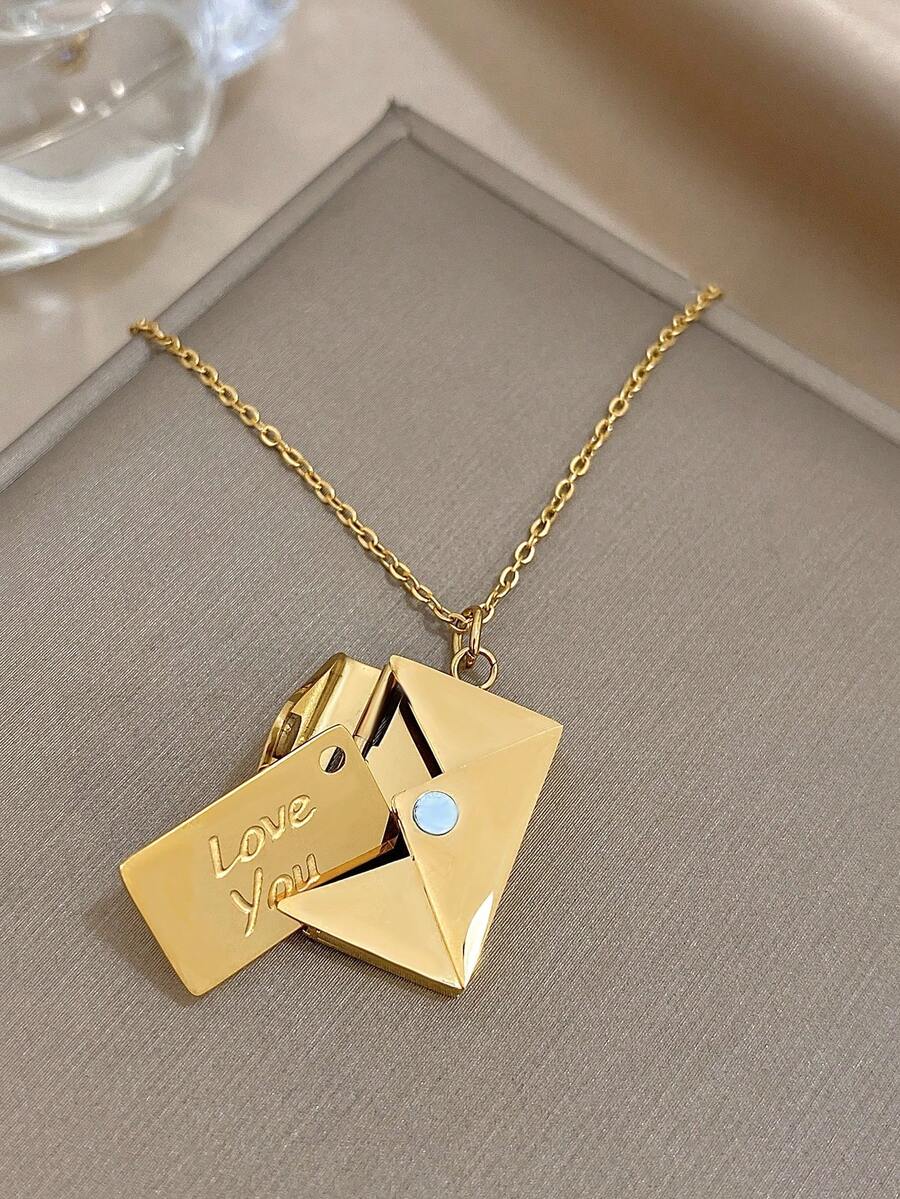 1Pc Sparkling Gold Envelope Pendant Necklace - The Envelope Opens, Features A Simple Design, Suitable For Everyday Casual Wear, Unisex, Valentine's Day Gift, Stainless Steel Necklace - Multicolor - View 1