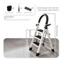 SAEIV Steel Folding Ladder, 3/4 Section, With Wide Steel Steps With Non-Slip Pads, Load Capacity Up To 500 Kg. Equipped With Snap Locks And Full-Length Vertical Foot Straps With Grooves. Ideal For Use In The House, Basement, Kitchen, Garage Or Office – White. - White 3-step Ladder - View 5