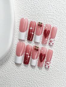 10片浪漫秋冬主题美甲贴纸，闪亮红色水钻樱桃美甲配件，小红心，白色手绘星形图案，不对称粉色爱心美甲装饰，糖红色，白色指甲油，送给女性和女孩的理想礼物，附赠美甲工具（1张果冻贴纸+1个指甲锉），3种尺寸可选：杏仁形、鸭嘴形、棺材形，适合通勤、派对、日常度假等场合。美甲用品，手工按压式美甲贴片 - 彩色 - 查看 15