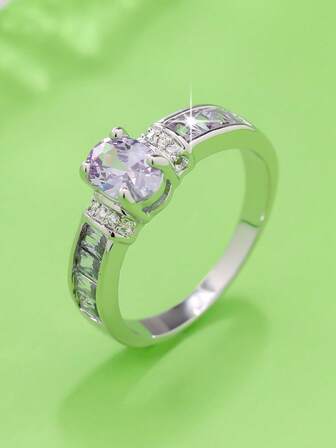 1 pieza Anillo elegante de mujer con forma ovalada, de circonita cúbica sintética con 4 garras brillantes, adecuado para vacaciones, playa, citas, regalos, uso casual, fiestas, disponible en múltiples colores