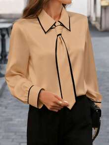 Women's Elegant Distinctive Contrast Trim Tie Collar Blouse Spring - Khaki - View 3