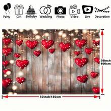 1pc Polyester Fiber Valentine's Day Backdrop - Vintage Wood Grain, With Twinkling Lights And Red Hearts, No Power Needed, Suitable For Weddings, Bridal Showers, Birthdays, 1st Birthday, Romantic Party Banners And Photo Booth Decor, Also Applicable For Back To School And Valentine's Day Events - Multicolor - View 2