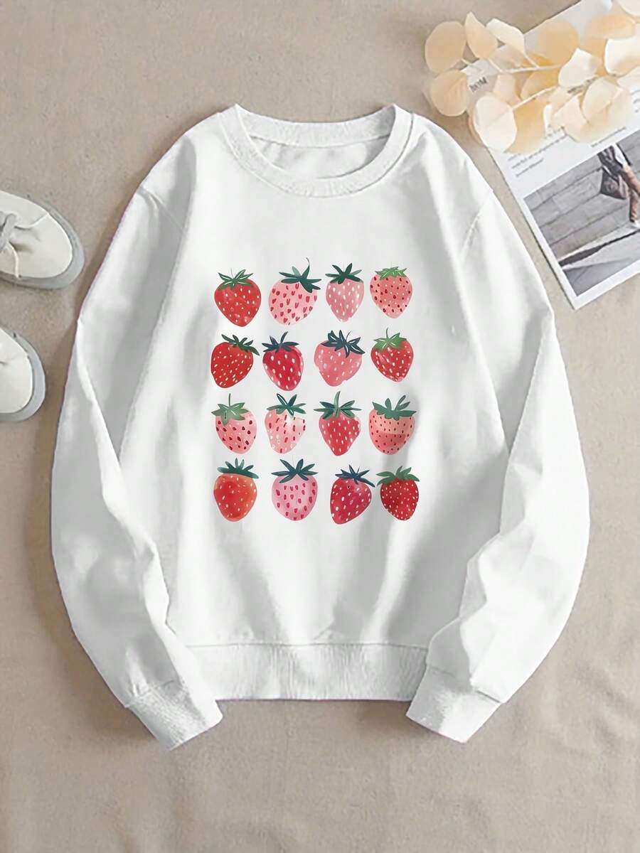 Women's Crewneck Sweatshirt - Pastel With Red-Pink Strawberries, Relaxed Fit Everyday Casual Pullover For Women, Machine Washable Sweater For Lounge, Office & Outings, Lounge Clothing, Playful Design, Durable Weargifts For Mom-Free Shipping - trắng - Xem 1