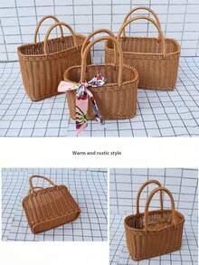 Large Capacity Hollow Breathable Handmade Woven Tote Basket, Original Decor, Natural Hollow Design, Handheld, Rustic Natural Style, Open Weave Basket, Suitable For Home Storage, Country Style Home Enthusiasts, Handicraft Lovers, Picnics & Camping, Market Vendors, Applicable For Kitchen, Dining Room, Balcony, Garden, Commercial Store Display, Gift Giving. Random Style Shipped. - Multicolor - View 6