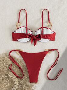 Women's Resort Style Steel Handbag & Bikini 2 Pieces Set, With Shoulder Strap And Metal Waist Belt, Suitable For Summer Island Vacation Beach - Red - View 3