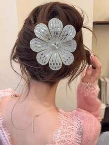 1pc Rhinestone Oversized Flower Hair Clip, Elegant Bun Hairstyle Accessory For Women, Claw Clips, Hair Slide, Hair Barrettes