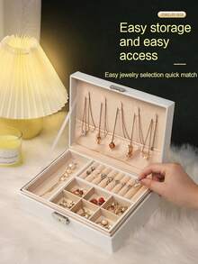 Nueva caja de joyería de gran capacidad y con cerradura, caja de almacenamiento de joyas de lujo de doble capa de piel sintética (PU), organizador de cajón de escritorio para collares, aretes, anillos, relojes, accesorios, decoración del hogar, bandeja de tocador, regalo para ocasiones especiales, regalo para ella, regalo de Navidad - Multicolor - Ver 3