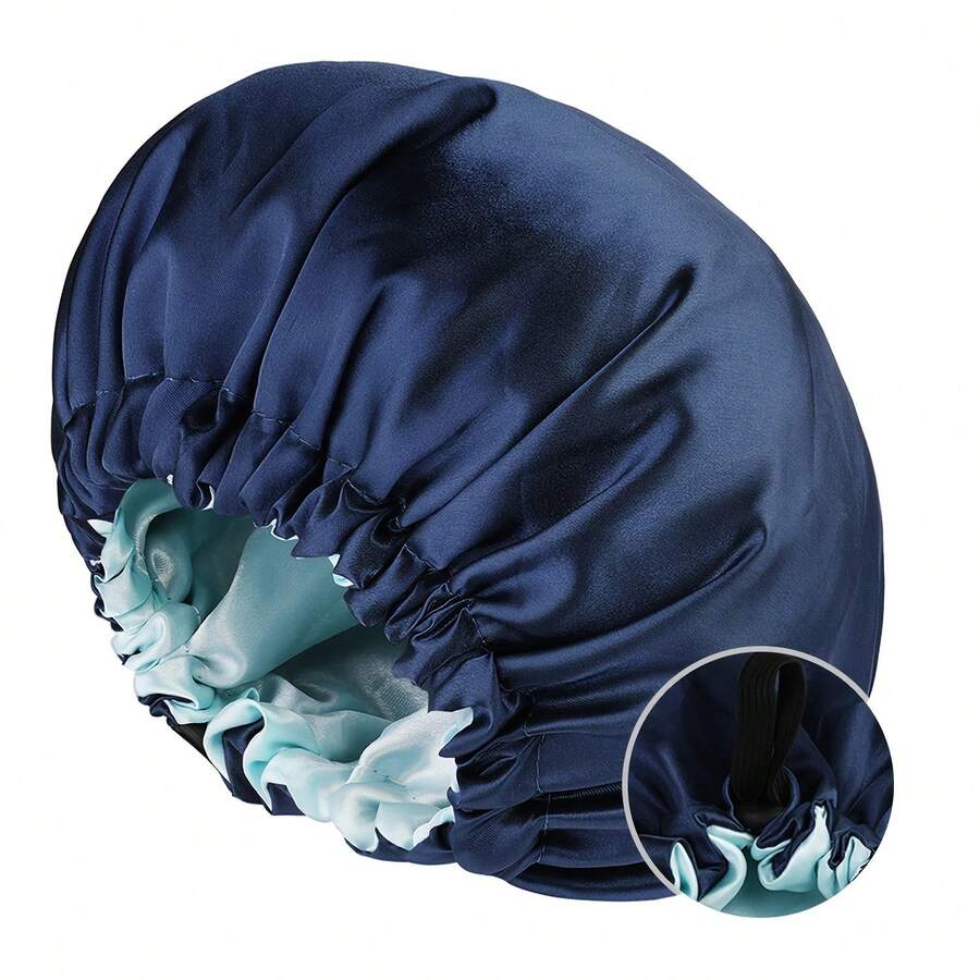 A Classic Button-Up Bonnet Hair Cap In 10 Colors, Adjustable And Reversible, Silky Satin Sleeping Cap And Shower Cap. - Navy - View 1