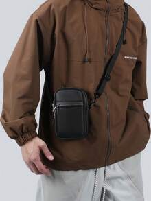 男士新款运动单肩包，休闲多功能轻便通勤背包，带手机袋，格子图案背包，情人节礼物 - 黑色 - 查看 6