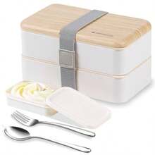 Fiambrera bento Box Original Lunch Box Lunchbox Caja de Almuerzo contenedor Bundle Divider Estilo japones a Prueba de Fugas con Acero Inoxidable Utensilios Cuchara y Tenedor Blanco - Blanco - Ver 1