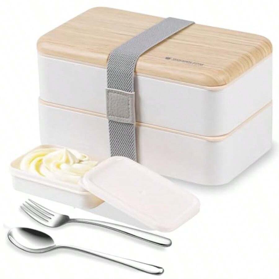 Fiambrera bento Box Original Lunch Box Lunchbox Caja de Almuerzo contenedor Bundle Divider Estilo japones a Prueba de Fugas con Acero Inoxidable Utensilios Cuchara y Tenedor Blanco - Blanco - Ver 1