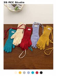 1双彩色圆点棕色针织手套，时尚纯色针织露指手套，适合女士，秋冬保暖百搭，适合学生，复古风格，加厚防风，适合骑行