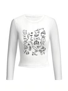 Round Neck Long Sleeve T-Shirt American Hot Girl, Spring And Autumn New Cartoon Pattern, Women's Short Fitted Top - White - View 3