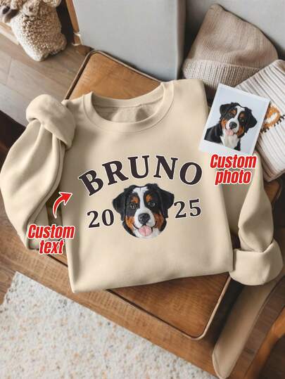 Customized Pet Portrait Embroidered Fleece Crew Neck Sweatshirt, Dog Face Photo Printed Sweatshirt, Pet Lover Gift, Valentine's Day Gift