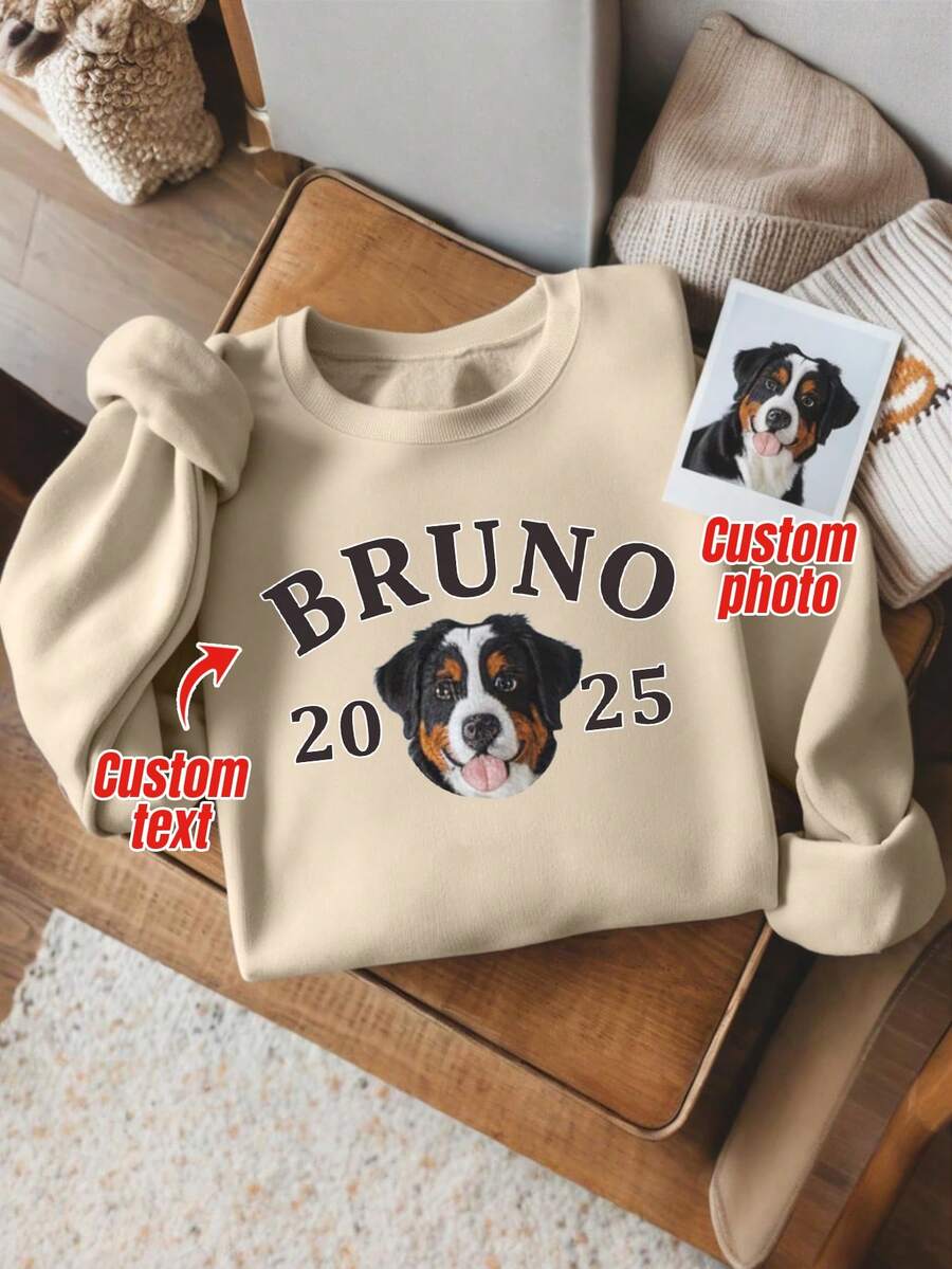 Sudadera de cuello redondo de forro polar con retrato de mascota bordado personalizado, sudadera con estampado de foto de cara de perro, regalo para amantes de las mascotas, regalo del Día de San Valentín - Albaricoque - Ver 1