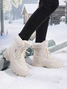 女士雪地靴，女士冬季靴：米色人造毛皮内衬中筒靴，纯色圆头款式，采用合成鞋面、超柔软纤维内衬和耐用织物鞋垫，专为女性设计，适合户外活动、日常休闲穿着和寒冷天气，保暖内衬，加厚TPR外底，毛皮饰边，舒适耐穿，户外鞋，时尚冬季鞋履，也是送给女性的贴心礼物。 - 杏色 - 查看 6