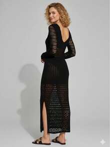 Vacation Beach Solid Color Hollow Out Knit Sheer Dress - Black - View 2