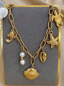 Ocean-Themed Gold Necklace With Seashell, Starfish, And Turtle Pendants - Beach-Inspired Jewelry, Perfect For Everyday And Vacation Wear, Elevates Your Holiday Look, Valentine's Day Gift, Unisex - Multicolor - View 5