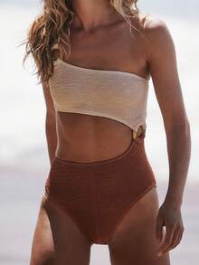 Women's One Shoulder One Piece Swimsuit Y2K Color Block Bathing Suit Modest Cutout High Cut Bathing Suits Beachwear - 棕色 - 查看 1