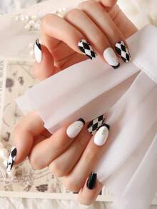 10pcs Acrylic Press On Nails French Style Black And White Checkerboard Drill Short Nails Fake Nails Artificial Nails Kit Includes 1sheet Adhesive Tabs &1 Pc Mini File - Multicolor - View 4
