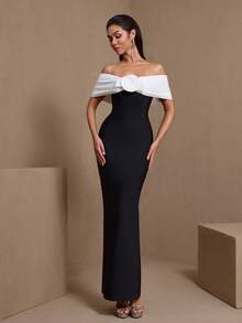 Black & White Color Block Off-Shoulder Ruched Bandage Formal Dress, Suitable For Party, Wedding, Formal Dinner - Black and White - View 5