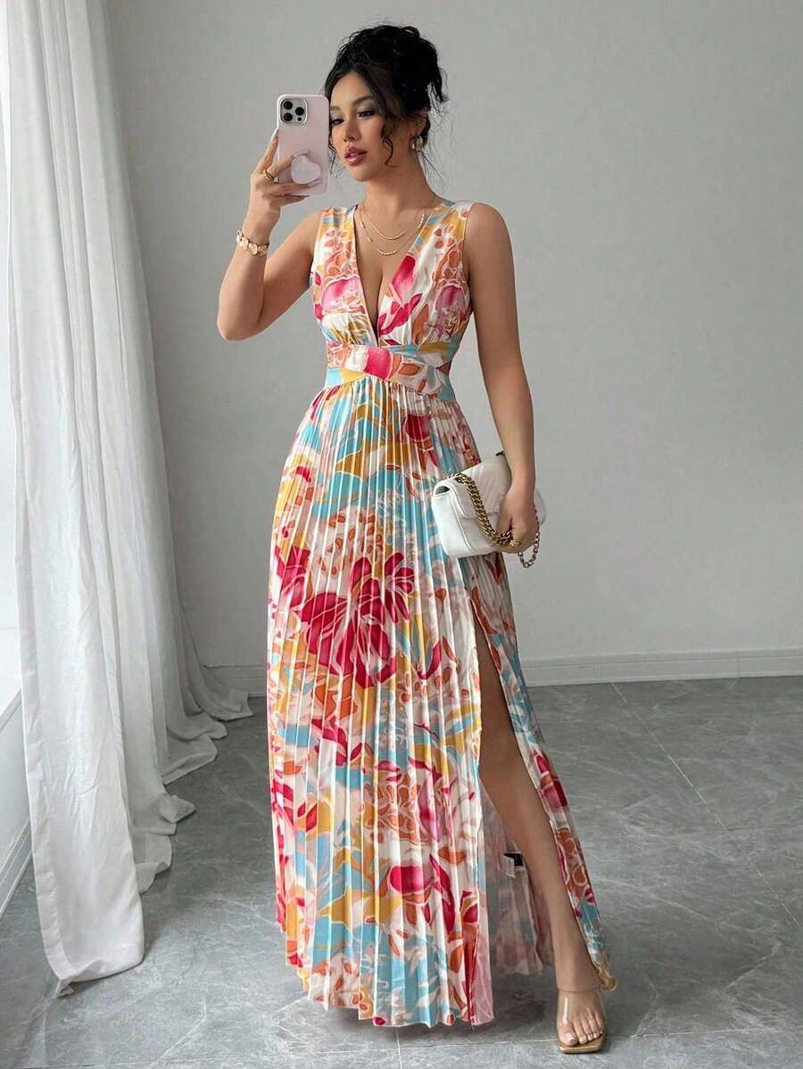 Women's Sexy Spring Summer Holiday Dress, Deep V-Neck, Sleeveless, Small Floral Print, Pleated Hem With Slit - Pink - View 1