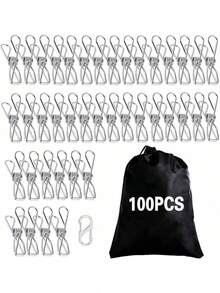 EstiloTendencia100 Pinzas Para Ropa De Acero Inoxidable, VersáTil Pinzas De Ropa De Alta Resistencia Con Bolsa Pinzas Ropa Y Hebilla Bolsa Clips, Para Tendedero, Calcetines, Fotos, Merienda, ToallasCalidad PremiumVersióN Mejorada - 1 - Ver 1