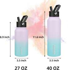 BJPKPK - Botellas de agua aisladas con tapa de popote, botellas de agua de acero inoxidable de 40 onzas con 3 tapas, termo a prueba de fugas, vasos para deportes, gimnasio, verde lavanda - océano - Ver 5
