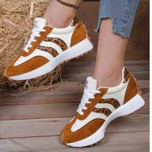 女士舒适透气撞色复古休闲运动鞋，多功能户外鞋，轻便平底鞋，腰部设计，厚底运动鞋，女士透气运动鞋 - 豹紋米 - 查看 5