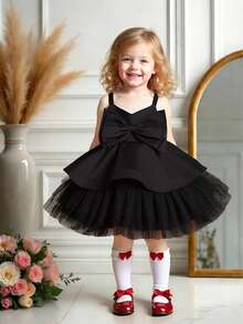 女婴纯色缎面网纱无袖蓬蓬裙，配大蝴蝶结，优雅大方，适合生日派对，不含头饰 - 黑色 - 查看 1