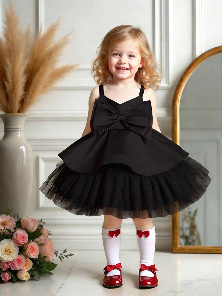 女婴纯色缎面网纱无袖蓬蓬裙，配大蝴蝶结，优雅大方，适合生日派对，不含头饰 - 黑色 - 查看 1