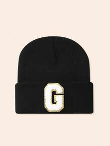 1pc Unisex Personalized Embroidered A-Z Letter Elastic Knit Beanie Hat, Fashionable Streetwear Knit Cap, Suitable For Autumn/Winter Daily Wear - Black - View 18