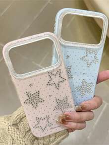 Cute Polka Dot Rhinestone Star Glossy Protective Phone Case, Suitable For IPhone 17 Pro Max/17 Pro/17/16/15/14/13 Pro Max, Shock-Resistant Frame And Back Cover, Gift Packaging - Baby Blue - View 2