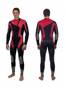 3mm Neoprene Wetsuit, Unisex Warm Diving Suit; Men's Front Zip Surfing Wetsuit; Women's One-Piece Thermal Swimsuit - Red - View 3