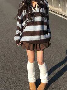 Korean Style Collegiate Striped Lapel Loose Knit Sweater - Blue - View 6