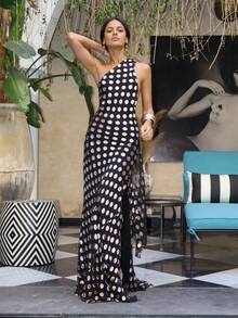 Women's Polks Dot Print Chiffon Maxi Dress Sleeveless Halter Turtle Neck Side High Slit Long Party Dress With Scarf Club Outfits - 黑色 - 查看 3