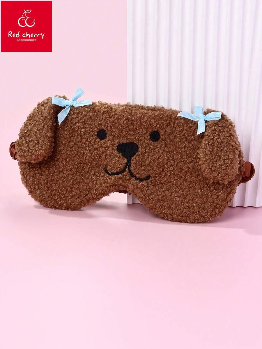 1pc Girls' Brown Puppy Polyester Plush Eye Mask With Black Embroidered Eyes And Mouth, Cute Elastic Sleeping Mask For Everyday Use - Brown - View 1