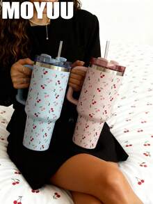 1pc Cute Cherry, 1200ml (40oz) Large Capacity Handled Tumbler, Insulated Mug, Travel Mug, Stainless Steel Vacuum Insulated Cup, Suitable For Travel, School, Office, Outdoor, Gym, Home, Valentine's Day, Holiday, Birthday Gift (With Straw) - Multicolor - View 7